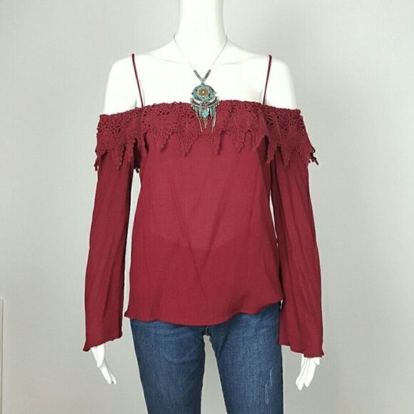 AMBIANCE Women's Spaghetti Strap Cold Shoulder Burgundy top - Picture 2 of 5